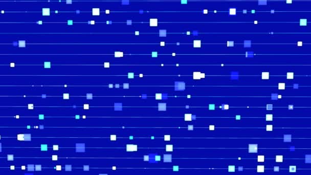 Fondo abstracto animado azul con cuadrados de tamaño variable que se mueven horizontalmente a lo largo de las líneas, salpicaduras, transición
 - Metraje, vídeo