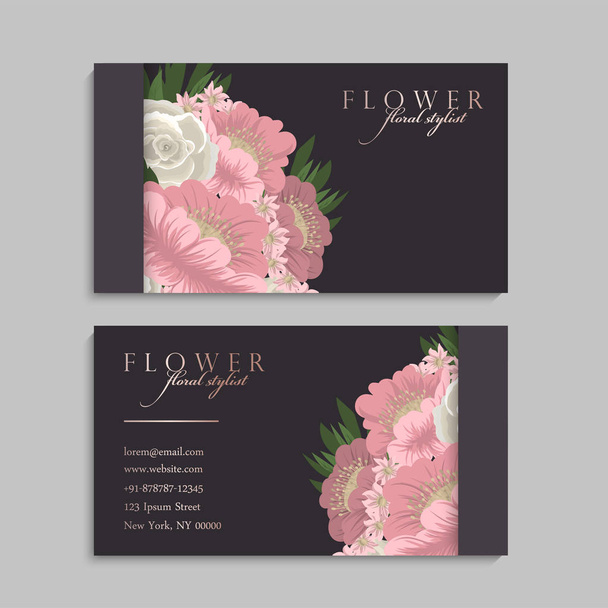 set of front and back of business card with flowers - Vector, Imagen