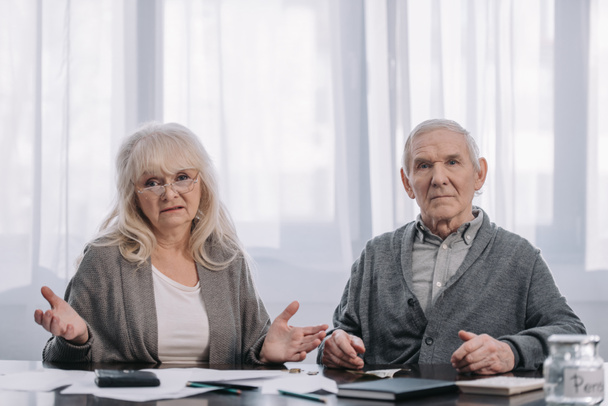 senior couple sitting at table with paperwork and looking at camera - Фото, зображення