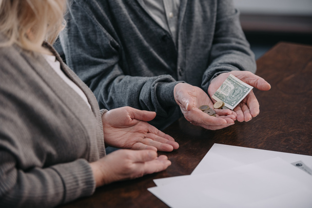 cropped view of senior couple sitting at table and holding money in hands - Foto, afbeelding