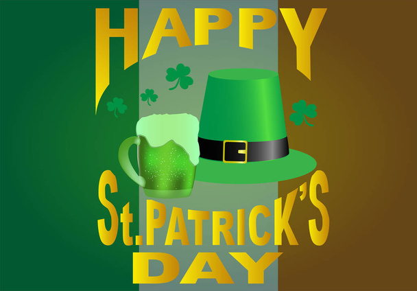 St. Patrick's Day pocztówka z zdjęcie kapelusz kobold i kubek piwa - Wektor, obraz