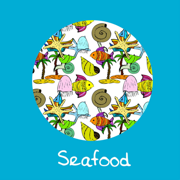 Etykieta owoców morza, ilustracja rysowana ręcznie - Wektor, obraz