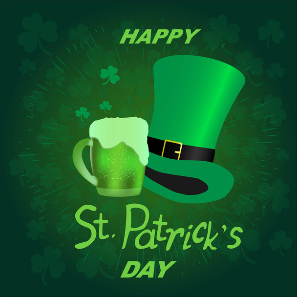 St. Patrick's Day postcard with a picture of a leprechaun's hat and a mug of beer - Vector, Image
