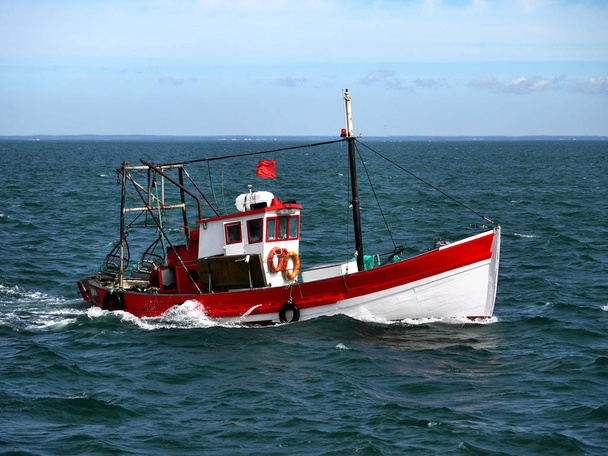 Kis portugál horgászcsónak folyamatban partjainál. - Fotó, kép