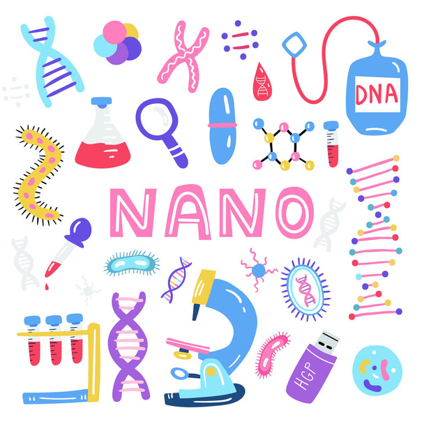 Illustration dessinée à la main du séquençage du génome. Symboles humains de technologie de recherche ADN
. - Photo, image