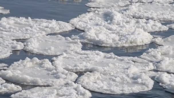 χιόνι επιπλέουν στην επιφάνεια του ποταμού - Πλάνα, βίντεο