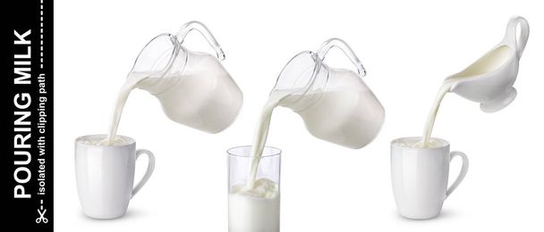Verser le lait de la cruche dans un verre et une tasse isolés sur fond blanc
 - Photo, image