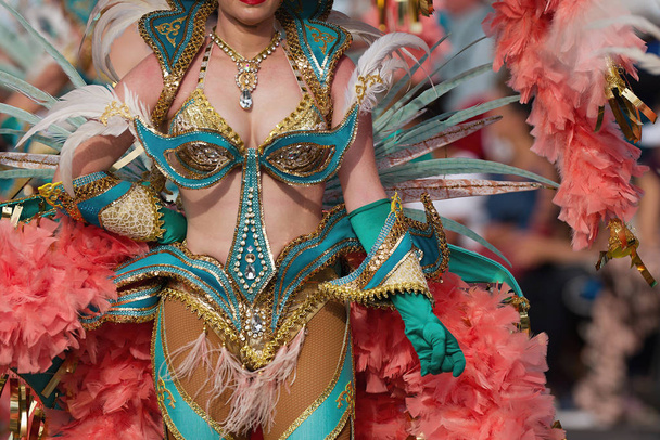 Mooi meisje heldere kleurrijke carnaval kostuum - Foto, afbeelding