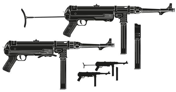 Graphic retro submachine gun with ammo clip - Vector, Image
