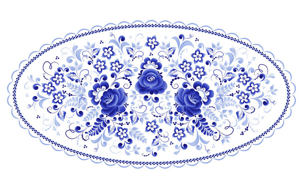 Oval floral vector element, abstract design, made in the technique of Russian folk art Gzhel - Вектор,изображение