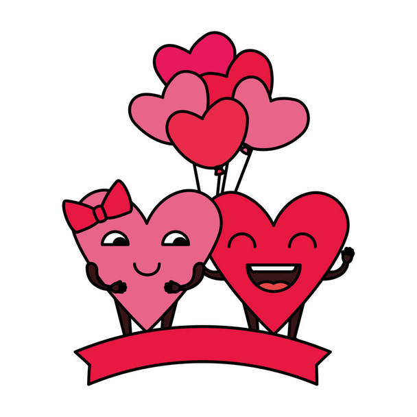 Herzen lieben Paar mit Luftballons Luft kawaii Zeichen - Vektor, Bild