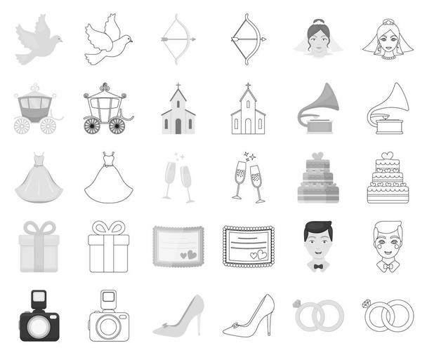 Esküvő és attribútumok fekete-fehér, vázlat ikonok beállítása gyűjtemény a design. Ifjú és tartozékok vektor szimbólum állomány honlap illusztráció. - Vektor, kép