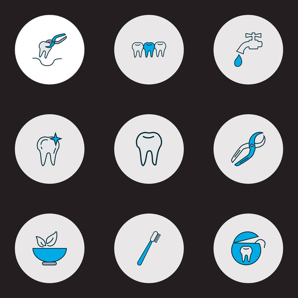 Ícones dentários coloridos linha definida com escova de dentes, guindaste de água, dente limpo e outros elementos de dentadura. Isolado vetor ilustração ícones dentários
. - Vetor, Imagem