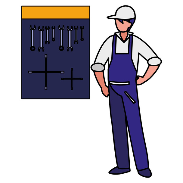 mechanik pracovník s nástroje deska závěsná - Vektor, obrázek