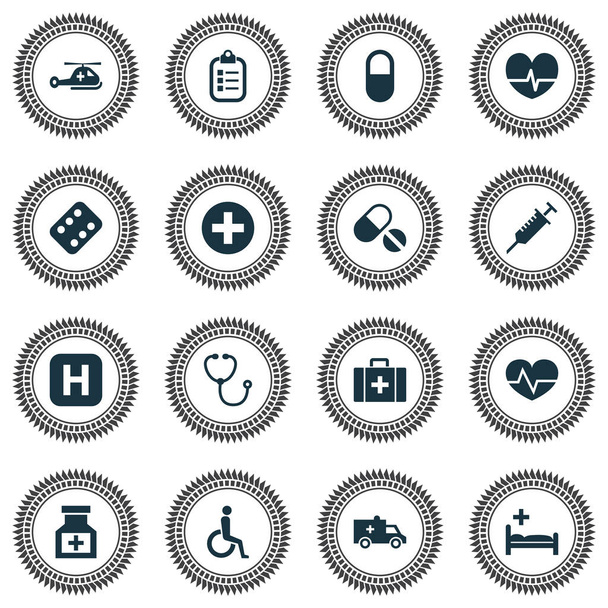 Drug icons set with wheelchair, pill, infirmary and other copter elements. Isolated vector illustration drug icons. - Vector, Image