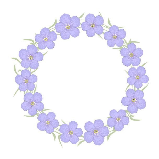 Corona floral sobre fondo blanco. Marco redondo floral de flores de lino púrpura. Tarjeta de felicitación plantilla. Ilustración vectorial
. - Vector, imagen
