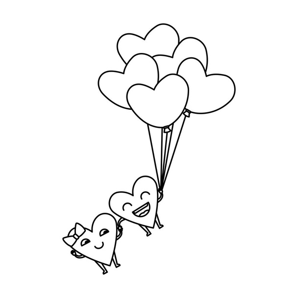 Herzen lieben Paar mit Luftballons Luft kawaii Zeichen - Vektor, Bild