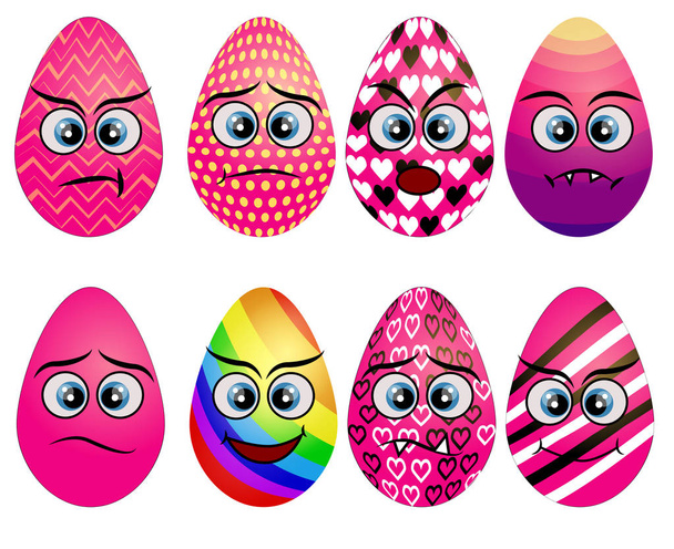 Set of cute smiley Easter eggs. Set of Emoji egg. Smile eggs. Isolated flat vector illustration on white - ベクター画像