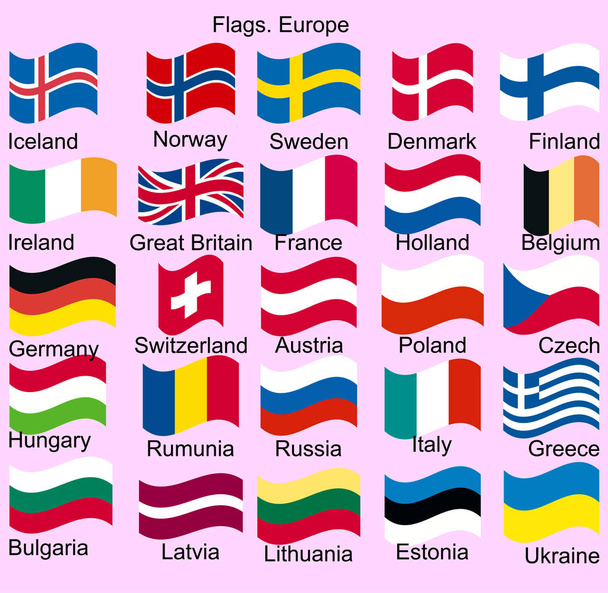 Lijst van vlaggen van Europa. Noorwegen, IJsland, Finland, Ierland, België, Duitsland, Oostenrijk, Tsjechië, Hongarije, Rumunia, Italië, Griekenland, Bulgarije, Litouwen, Letland, Estland - Vector, afbeelding