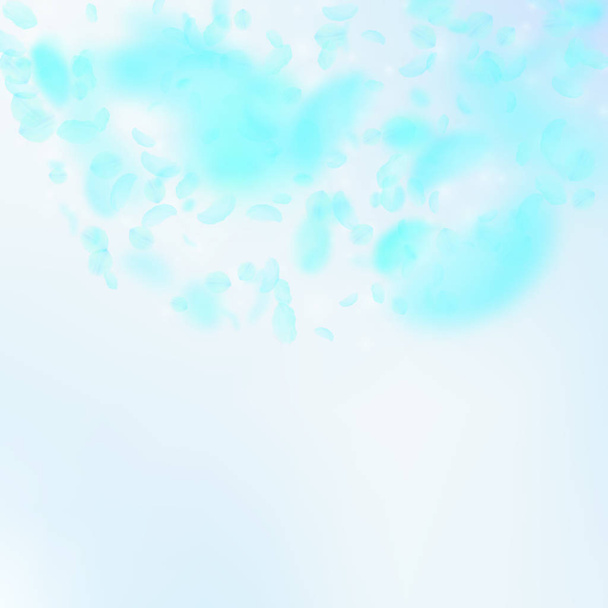 Лепестки бирюзовых цветов падают. Красивые романтические цветы полукругом. Летающий лепесток на голубом фоне квадратного неба. Любовь, романтика. Крутое свадебное приглашение
. - Вектор,изображение