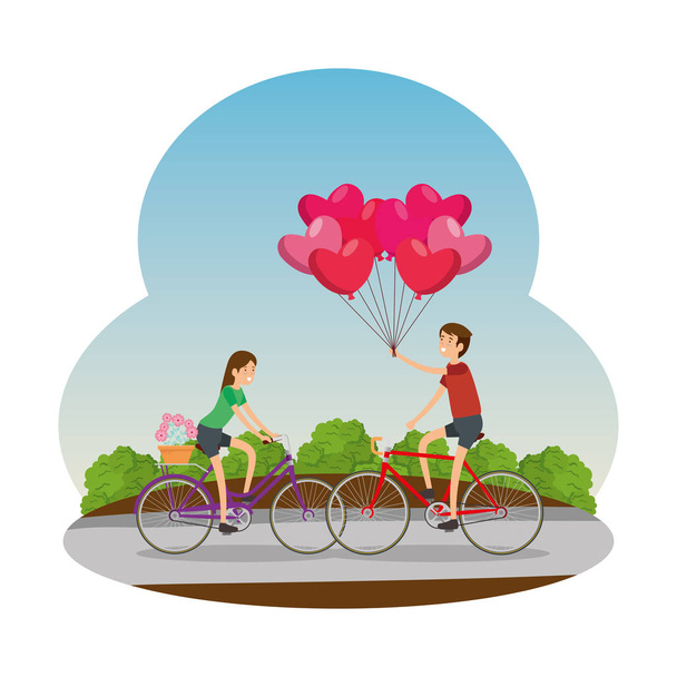 couple in bicycle traveling on the road - Vector, Image