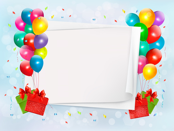 Holiday background with colorful balloons and gift boxes. Vector - Vecteur, image