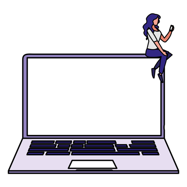 Dizüstü bilgisayar kullanan kadın - Vektör, Görsel