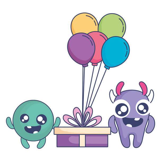 crazy monsters with gift and balloons helium characters - Vector, Image