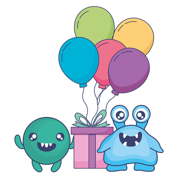 monstruos locos con regalo y globos personajes de helio
 - Vector, imagen