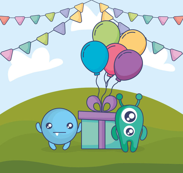 crazy monsters with gift and balloons helium in the field - Vector, Image