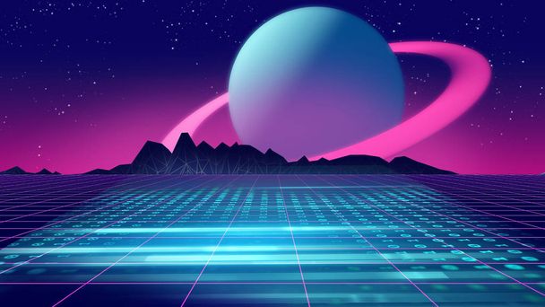 Retro futuristischer Hintergrund im Stil der 1980er Jahre 3D-Illustration. - Foto, Bild