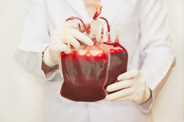 新鮮な輸血用血液を保持している医者 - 写真・画像