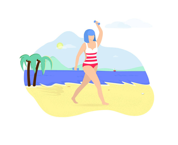 Νεαρή γυναίκα άσκηση με βαράκια στην παραλία. - Διάνυσμα, εικόνα