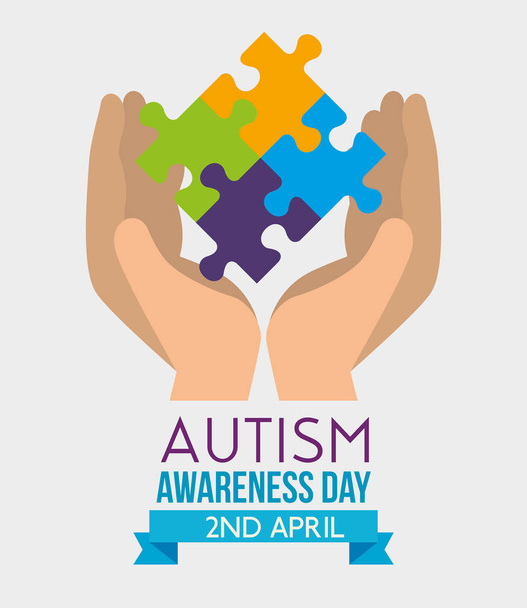 hands with puzzles to autism awareness day - Vector, afbeelding