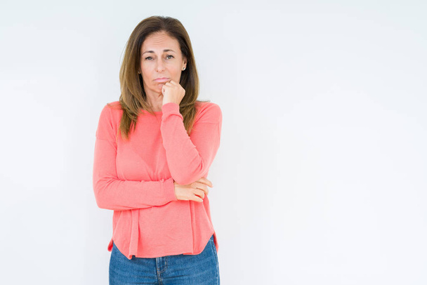 Beautiful middle age woman over isolated background thinking looking tired and bored with depression problems with crossed arms. - Photo, Image