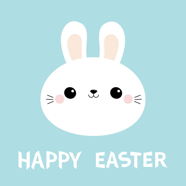 Happy Easter. White bunny rabbit round face head icon. Big ears. Cute kawaii funny cartoon character. Baby greeting card Blue pastel color background. Flat design. - Wektor, obraz