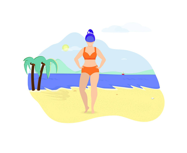 Plus koko nuori nainen poseeraa rannalla kesällä
 - Valokuva, kuva