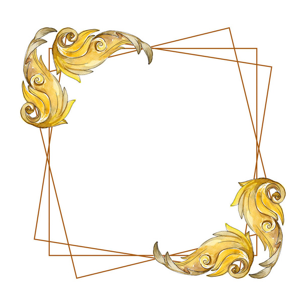 ゴールド ・ モノグラムの花飾り。水彩画背景イラスト セット。フレーム枠飾りスクエア. - 写真・画像