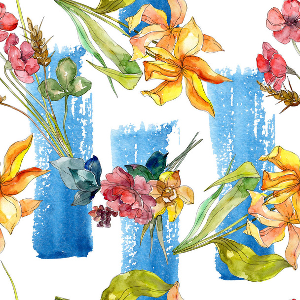 Μόδα πολυτελές εκτυπώσεις με βοτανικό λουλούδια αγριολούλουδα. Σετ ακουαρέλας εικονογράφηση. Απρόσκοπτη υπόβαθρο μοτίβο. - Φωτογραφία, εικόνα