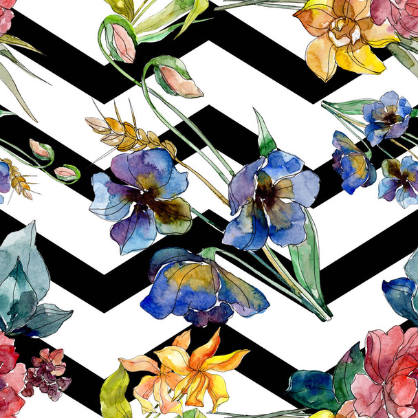 Luxusní módní tiskne s květy botanické květin. Sada akvarel ilustrace. Vzor bezešvé pozadí. - Fotografie, Obrázek