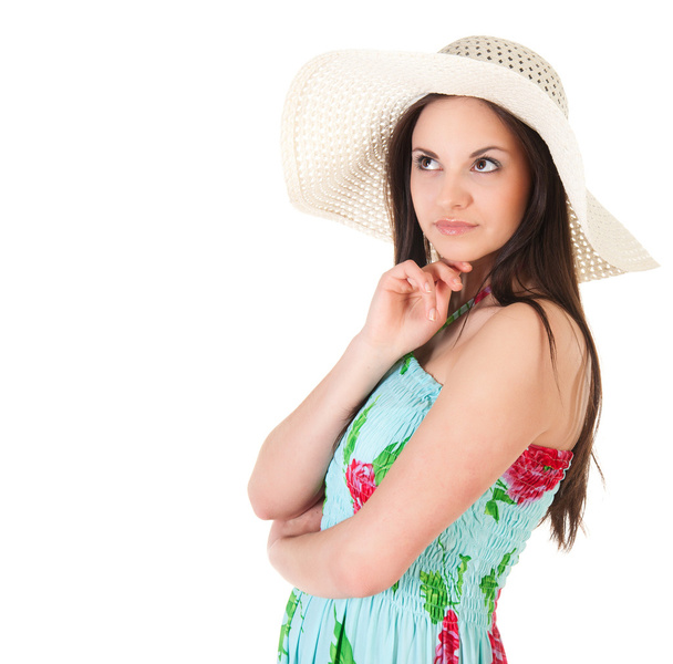 thinking woman in summer dress with hat - Zdjęcie, obraz