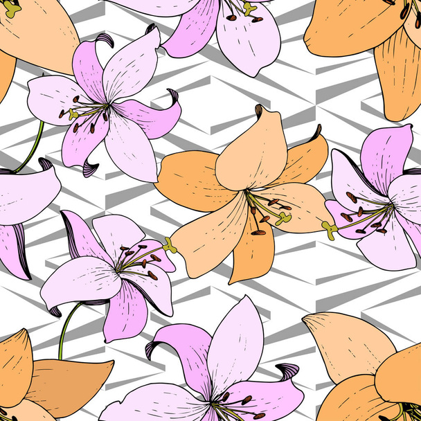 Vector Lily flor botânica floral. Arte de tinta gravada. Padrão de fundo sem costura. Tecido papel de parede impressão textura
. - Vetor, Imagem