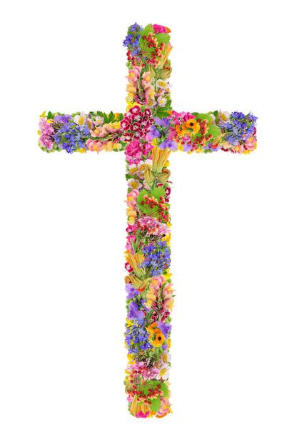 Easter cross of Jesus  made from summer  plants and flowers isol - Photo, Image