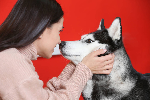 Portrait of young woman with her cute husky dog - Photo, Image