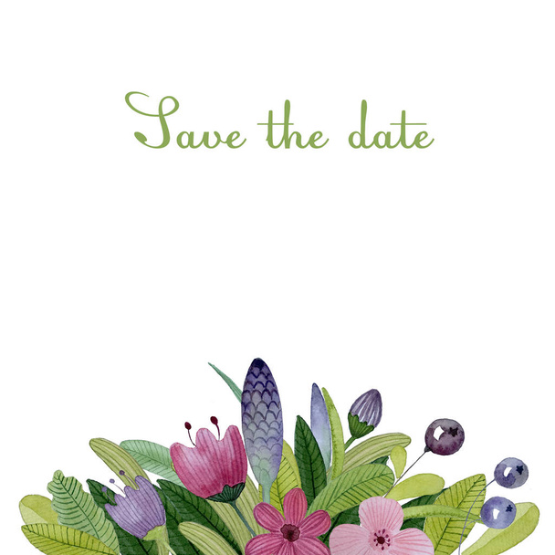 Tavaszi virágok és bogyók csokor. Tavaszi kártya akvarell illusztráció. Mentse el a dátumot - Fotó, kép