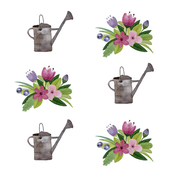 I fiori di primavera e le bacche con un annaffiamento possono il modello di mazzo. Carta primavera acquerello illustrazione
 - Foto, immagini