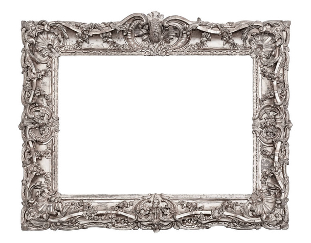 Marco de plata para pinturas, espejos o fotos aisladas sobre fondo blanco. Elemento de diseño con ruta de recorte - Foto, imagen