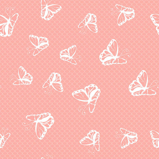 butterfly silhouettes on lace net background seamless pattern - Vetor, Imagem