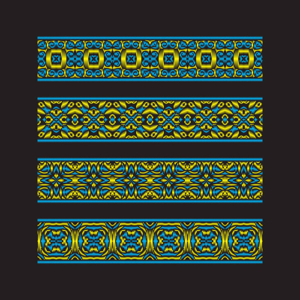 Set of colored ribbon patterns. Yellow blue traditional ornaments for embroidery or frame design. Vector patterned brushes templates. - Vector, Image