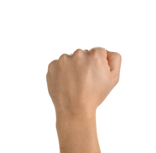 Чоловіча рука зі згорнутим кулаком на білому тлі
 - Фото, зображення